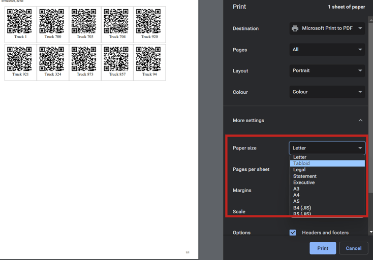 How to select printer and page layout while printing QR codes?